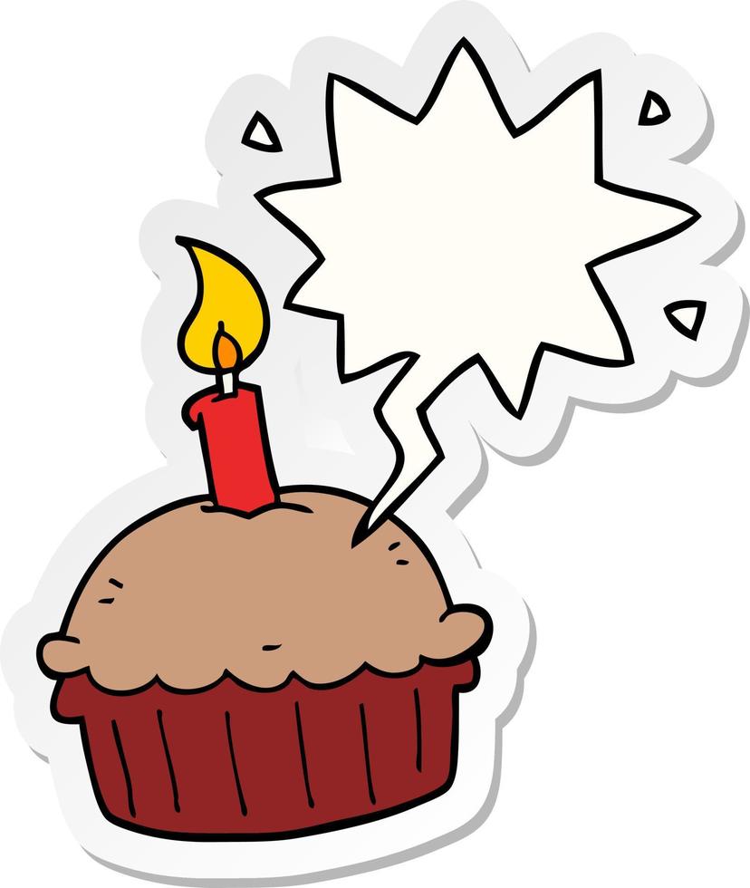 cupcake de cumpleaños de dibujos animados y etiqueta engomada de la burbuja del discurso vector