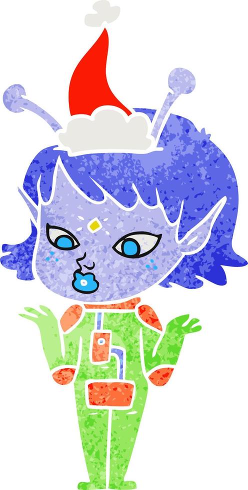 pretty retro cartoon of a alien girl wearing santa hat vector