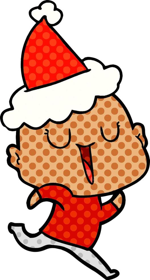 happy comic book style illustration of a bald man wearing santa hat vector