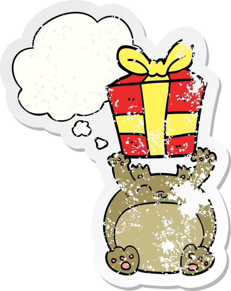 cute cartoon christmas bear and thought bubble as a distressed worn sticker vector