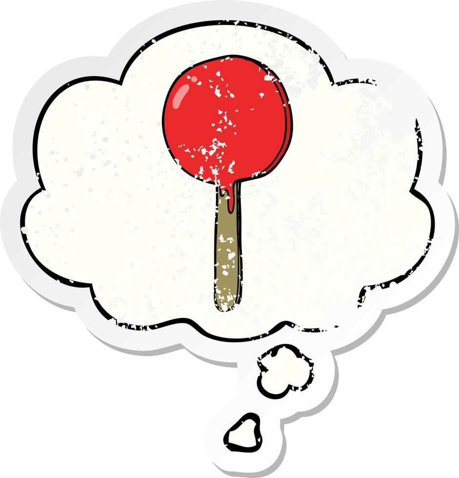 cartoon lollipop and thought bubble as a distressed worn sticker vector