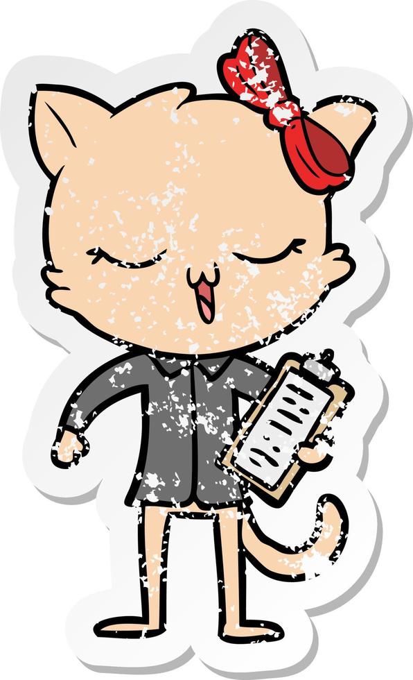 distressed sticker of a cartoon cat with bow on head vector