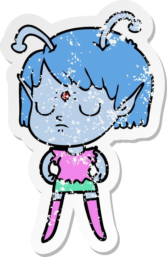 distressed sticker of a cartoon alien girl vector