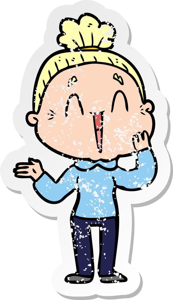 distressed sticker of a cartoon happy old lady vector
