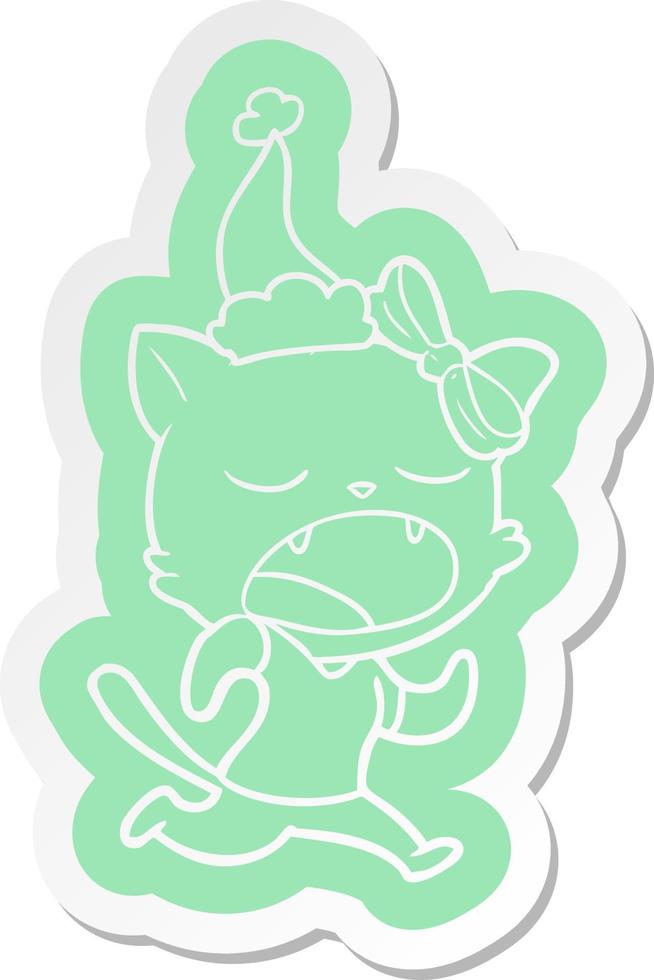 cartoon  sticker of a yawning cat wearing santa hat vector