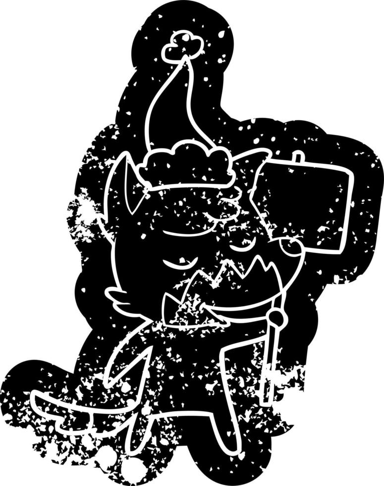 friendly cartoon distressed icon of a fox wearing santa hat vector