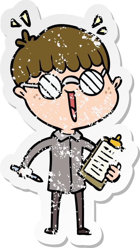 distressed sticker of a cartoon boy wearing spectacles vector