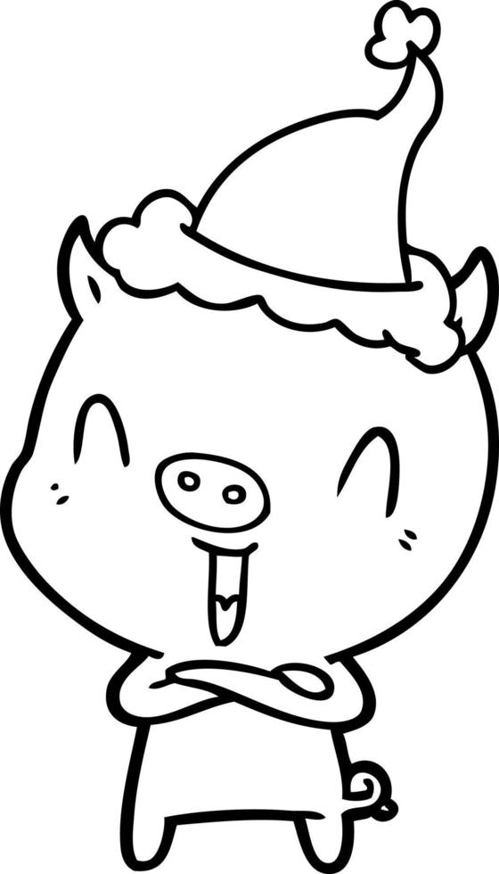 happy line drawing of a pig wearing santa hat vector
