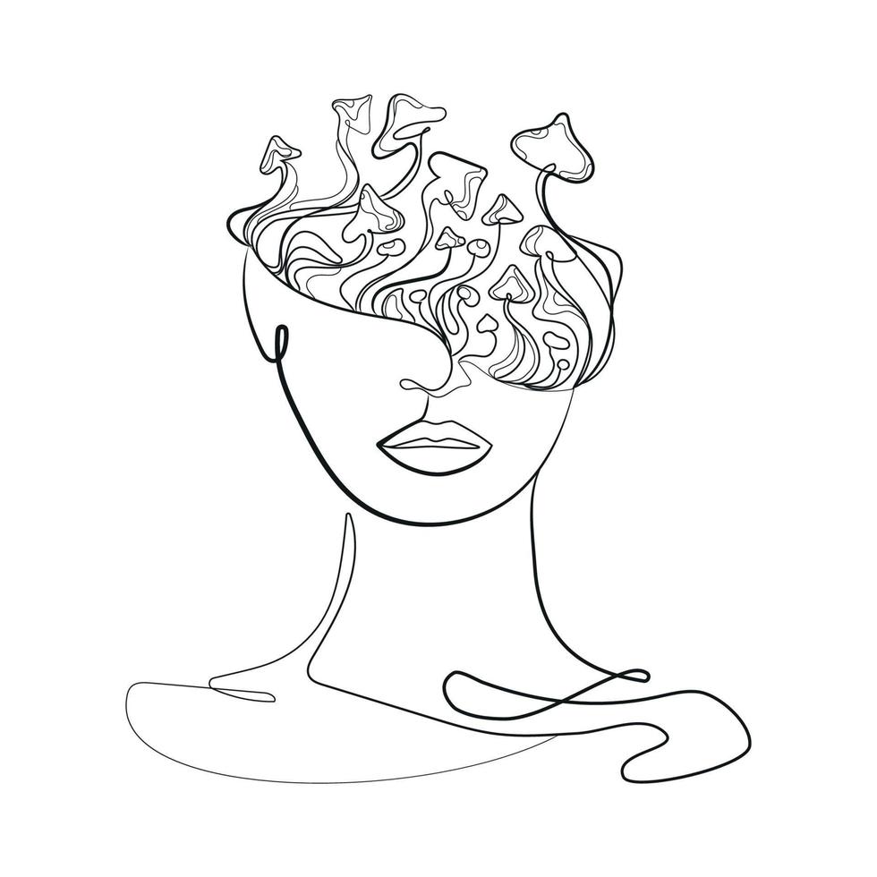 Abstract woman face with mushrooms on head Minimal art,line drawing,vector illustration.Psychodeoic fantasy drawing of a girl with mushrooms,sketch for logo design,t-shirt print, tattoo idea,emblem vector