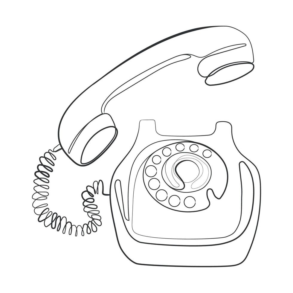 dibujo en blanco y negro de la línea telefónica rotativa antigua. concepto de comunicación telefónica retro. ilustración vectorial. estilo minimalista vintage. icono, signo, plantilla de diseño de emblema impreso vector