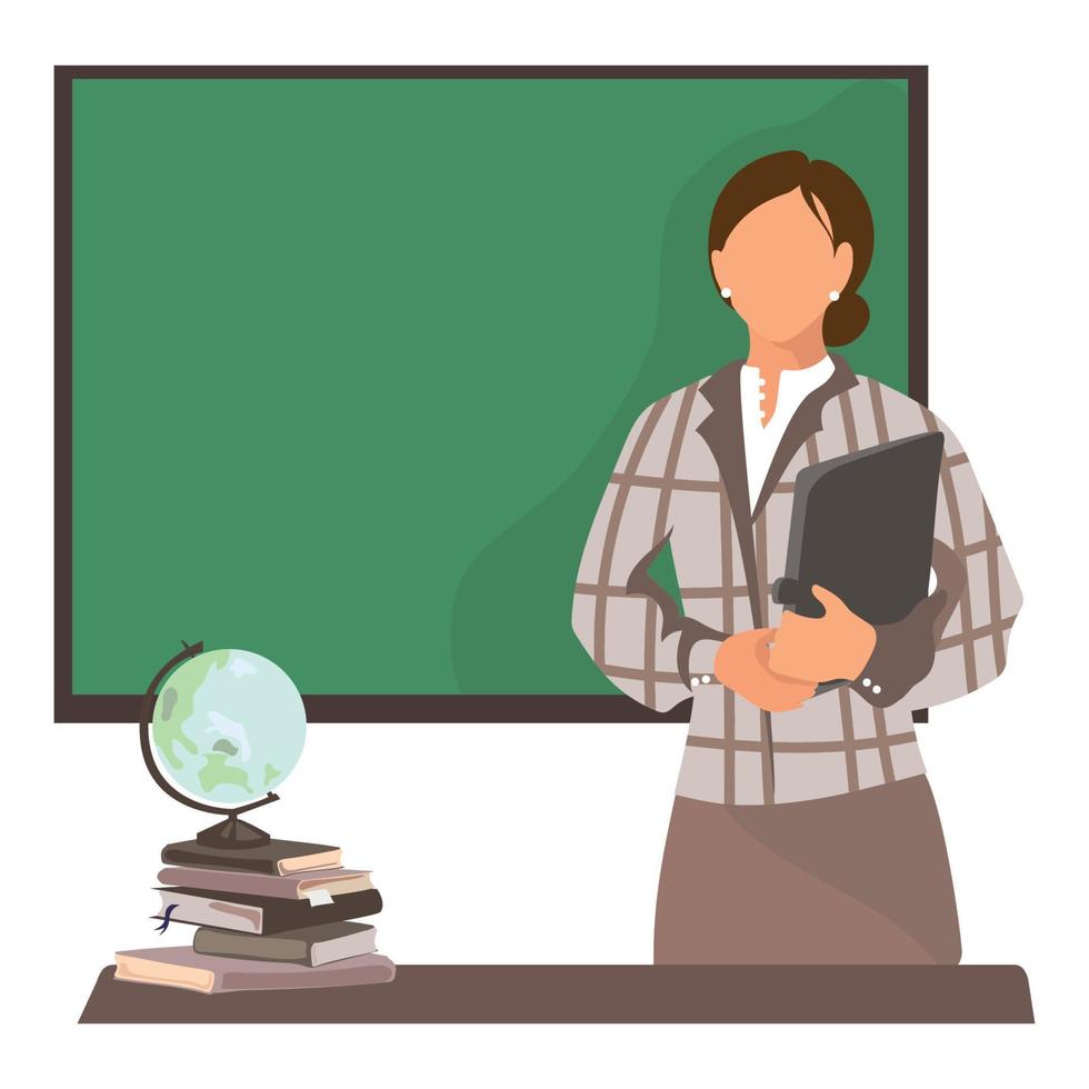 Young teacher with a green empty chalk board and a table with books and a globe vector illustration in modern style.Stylish female teacher at the lesson in the classroom.Back to school.Teacher's Day