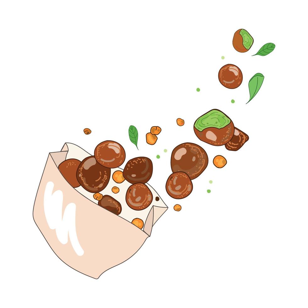 Falafel balls flying from paper packaging vector cartoon illustration isolated on white background,hand drawing.Falafel chickpea balls,healthy vegetarian food.Advertising poster,design element