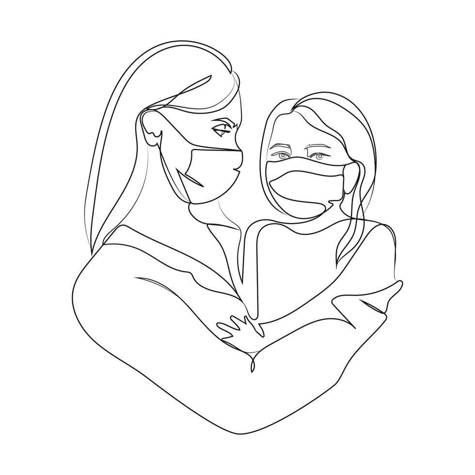 Mother with daughter in her arms with medical protective face masks,line drawing in single line style,vector illustration,logo,icon,emblem design.Coronavirus,omicron, illness, infection, flue. vector