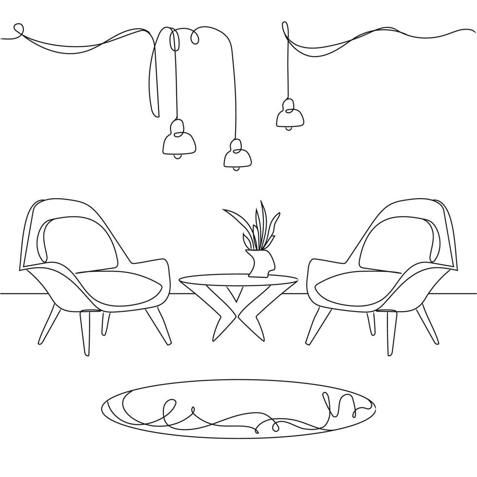 Line drawing of two modern armchairs and coffee table with vase with flowers.Modern minimal interior design.Hanging pendant Loft lamps.Scandinavian stylish furniture in simple Linear style.Vector vector