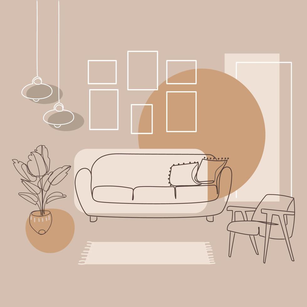 Modern design living room interior line art drawing in abstract style in pastel natural colors,vector graphic.Furniture,sofa,armchair,chandeliers,blank pictures,houseplant.Minimal interior design vector