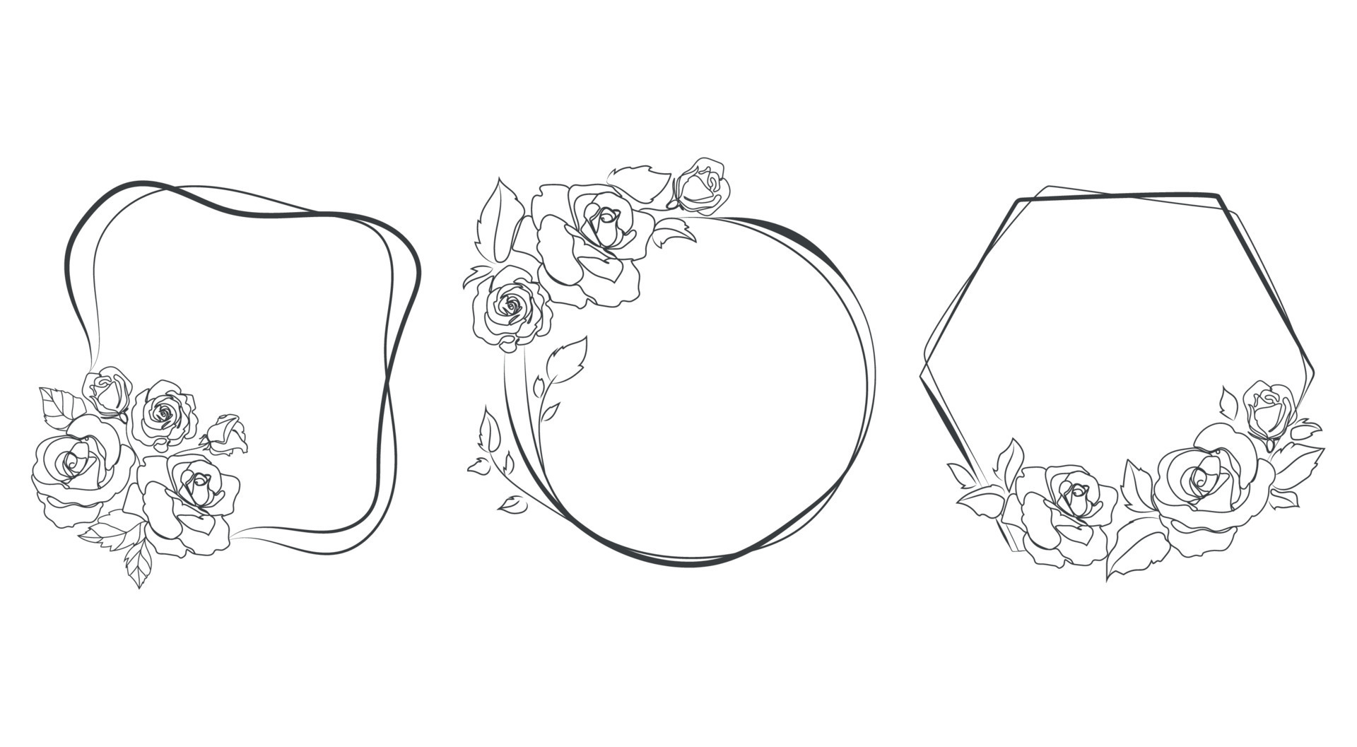 Floral frames with roses.Vector Set of frames,different shapes,line art ...