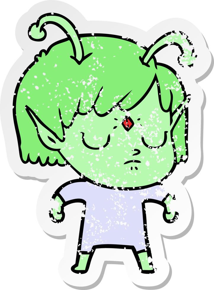distressed sticker of a cartoon alien girl vector