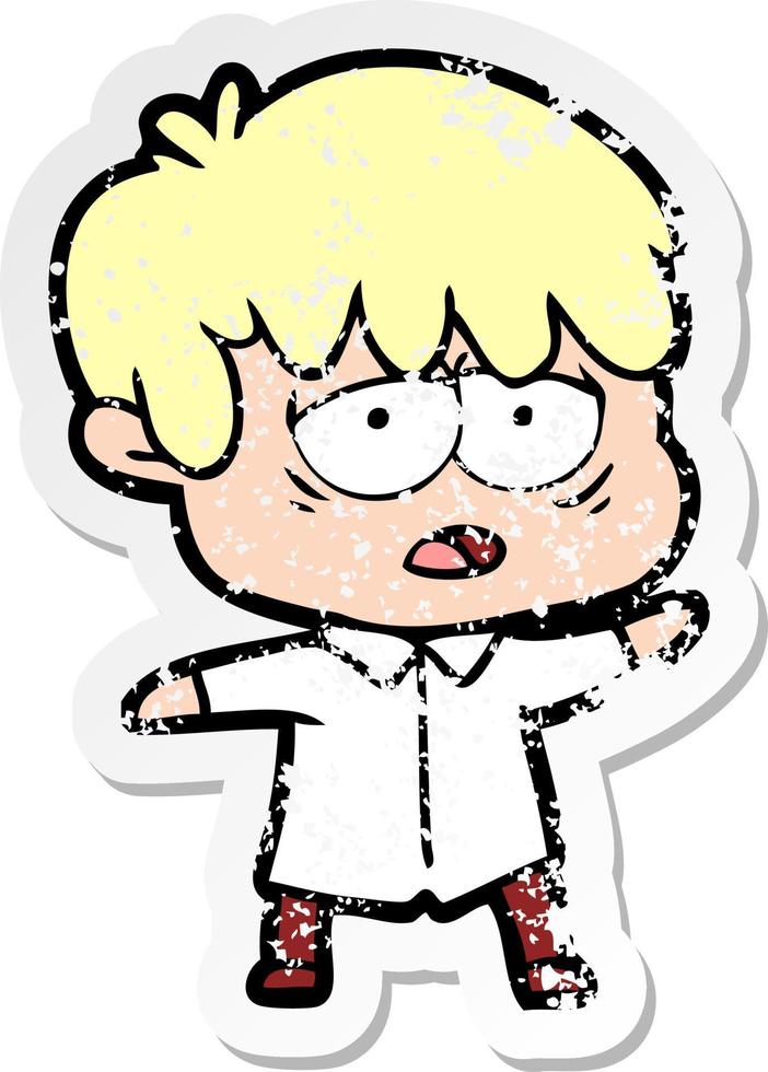 distressed sticker of a cartoon exhausted boy vector