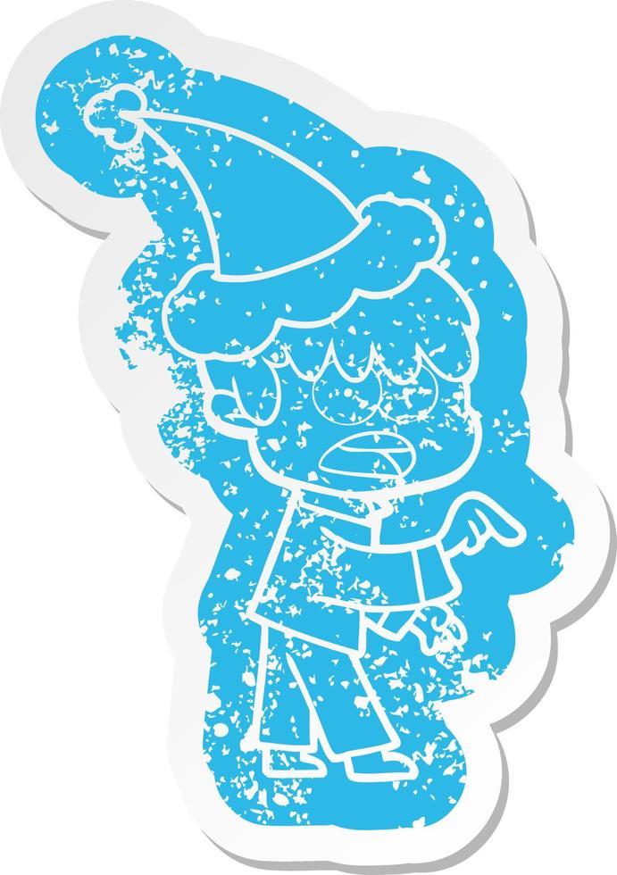 worried cartoon distressed sticker of a boy wearing santa hat vector