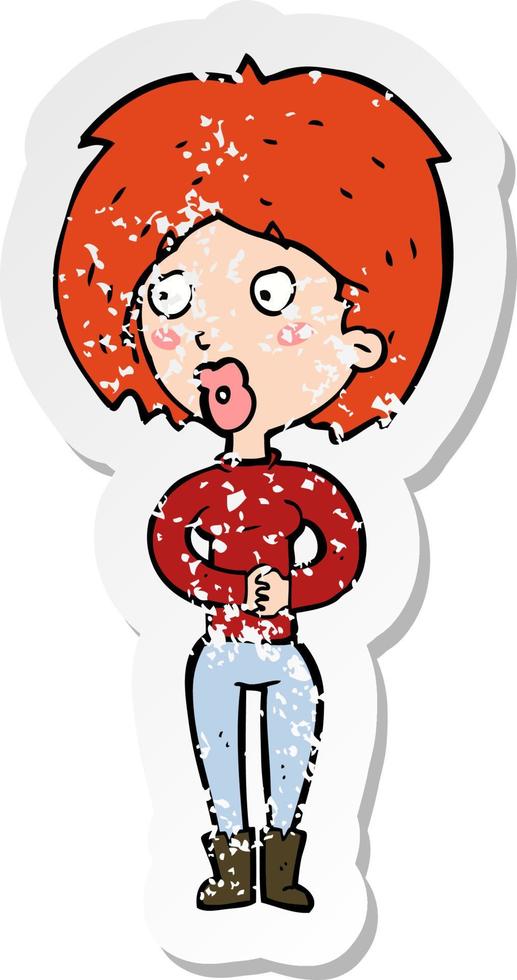 retro distressed sticker of a cartoon surprised woman vector