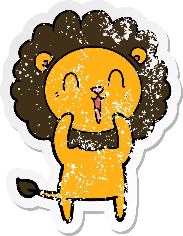 distressed sticker of a laughing lion cartoon vector