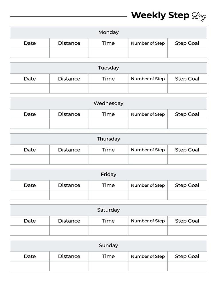 Weekly step log, Weekly walking log vector