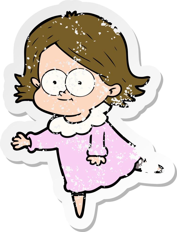 distressed sticker of a happy cartoon girl vector