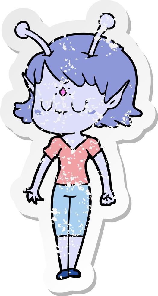 distressed sticker of a cartoon alien girl vector