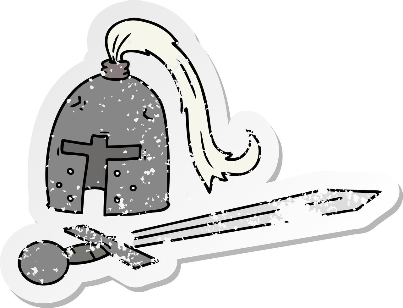 distressed sticker cartoon doodle of a medieval helmet and sword vector