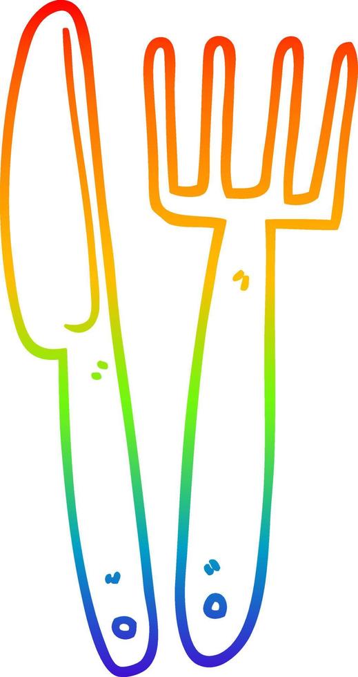 rainbow gradient line drawing cartoon knife and fork vector