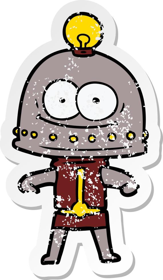 distressed sticker of a happy carton robot with light bulb vector