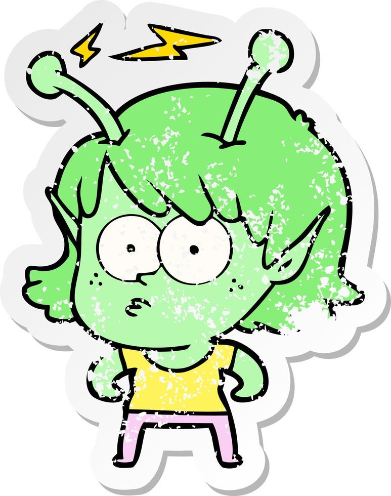 distressed sticker of a cartoon alien girl vector