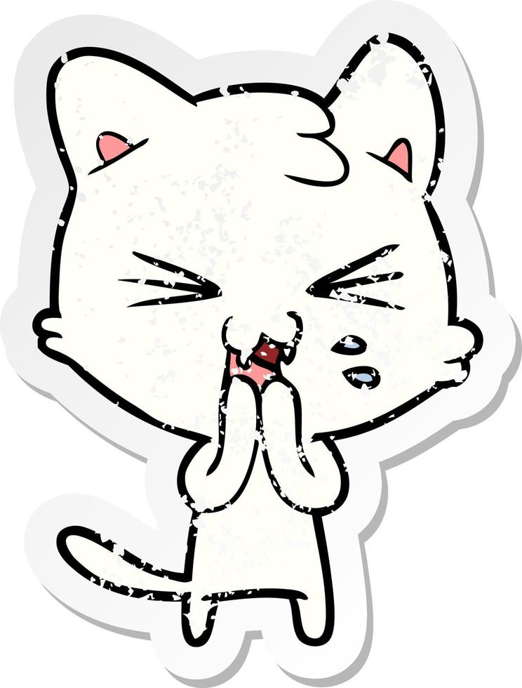 distressed sticker of a cartoon hissing cat vector