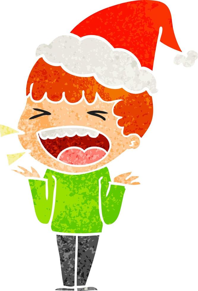 retro cartoon of a laughing man wearing santa hat vector