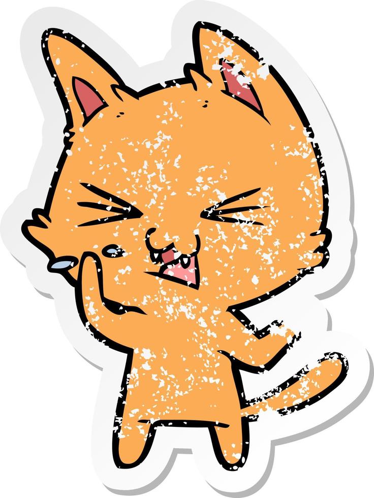 distressed sticker of a cartoon cat hissing vector