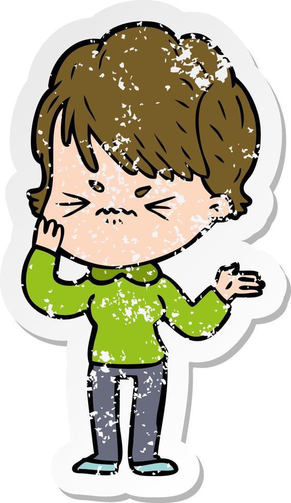 distressed sticker of a cartoon frustrated woman vector