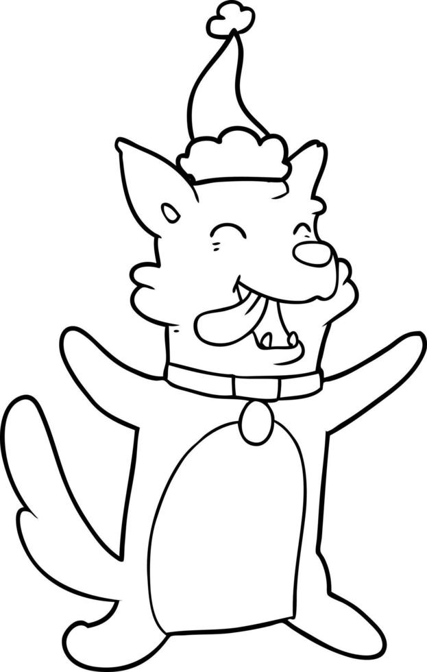 line drawing of a happy dog wearing santa hat vector