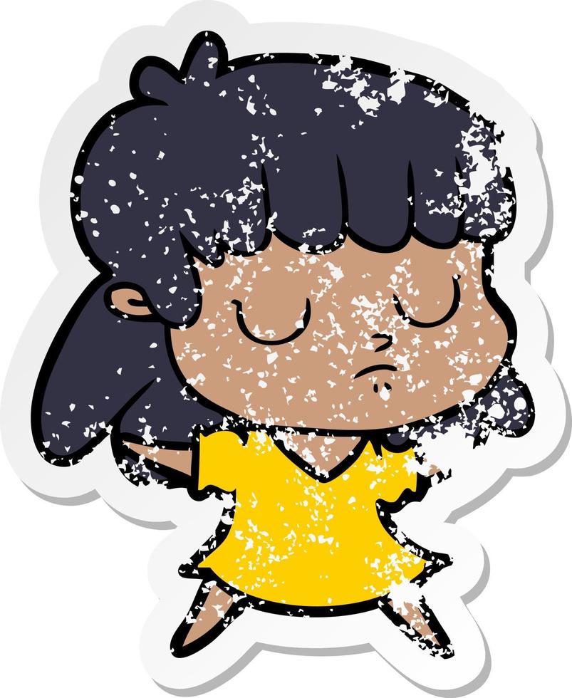 distressed sticker of a cartoon indifferent woman vector