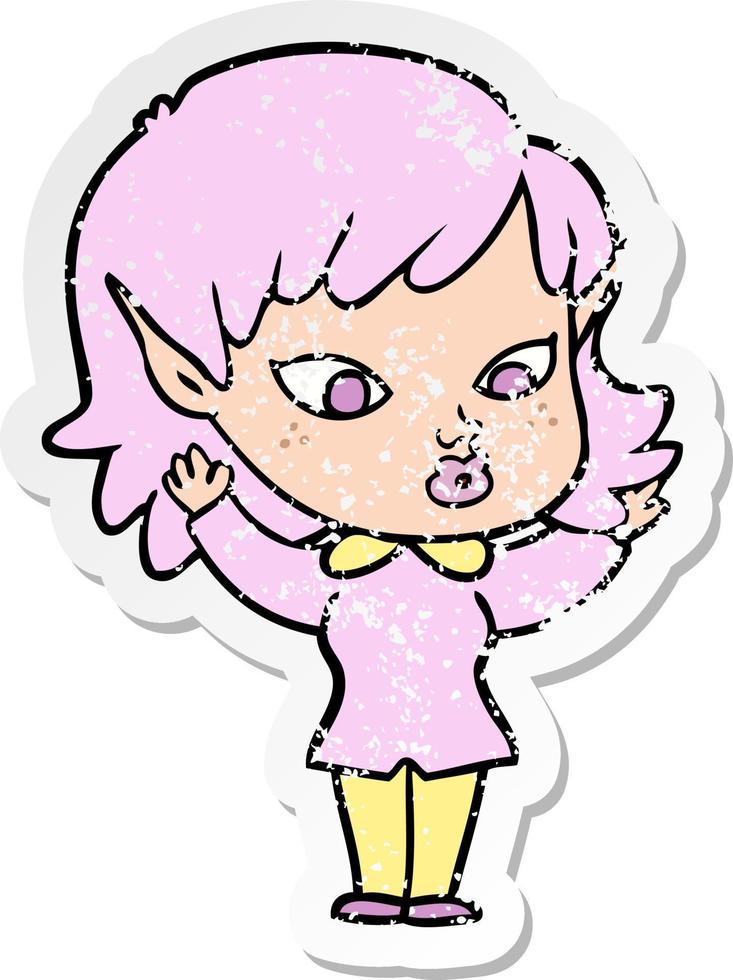 distressed sticker of a pretty cartoon elf girl vector