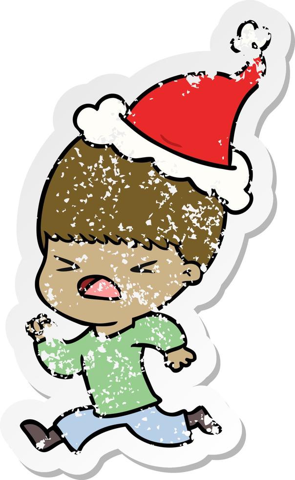 distressed sticker cartoon of a stressed man wearing santa hat vector