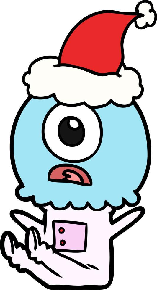 line drawing of a cyclops alien spaceman wearing santa hat vector