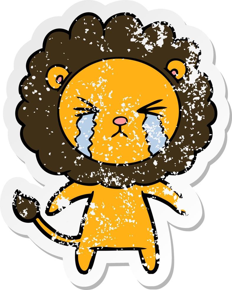 distressed sticker of a cartoon crying lion vector