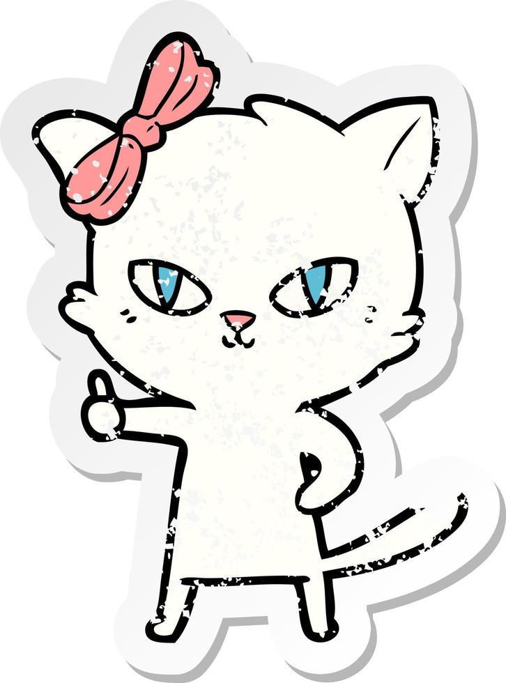 distressed sticker of a cute cartoon cat giving thumbs up symbol vector