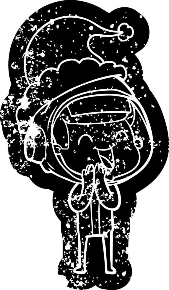 happy cartoon distressed icon of a astronaut wearing santa hat vector