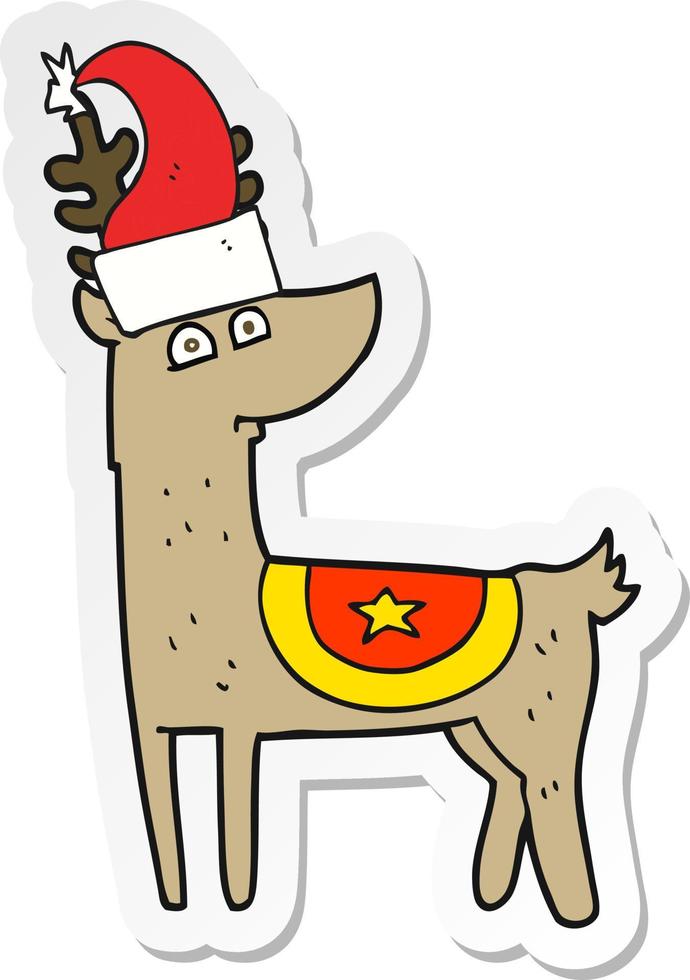pegatina de un reno de dibujos animados con sombrero de navidad vector