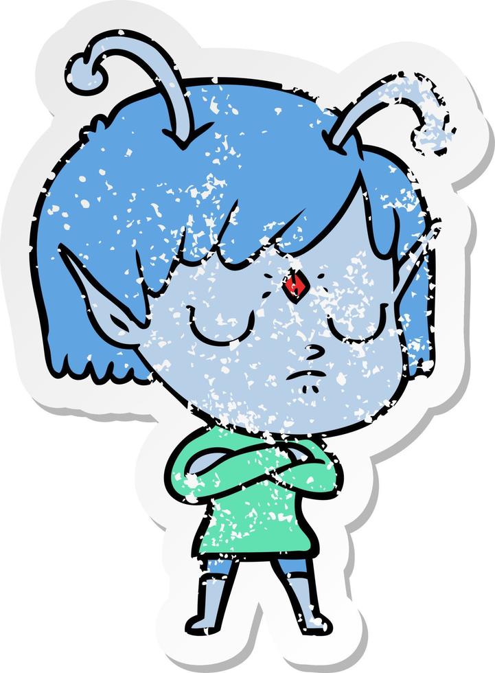 distressed sticker of a cartoon alien girl vector