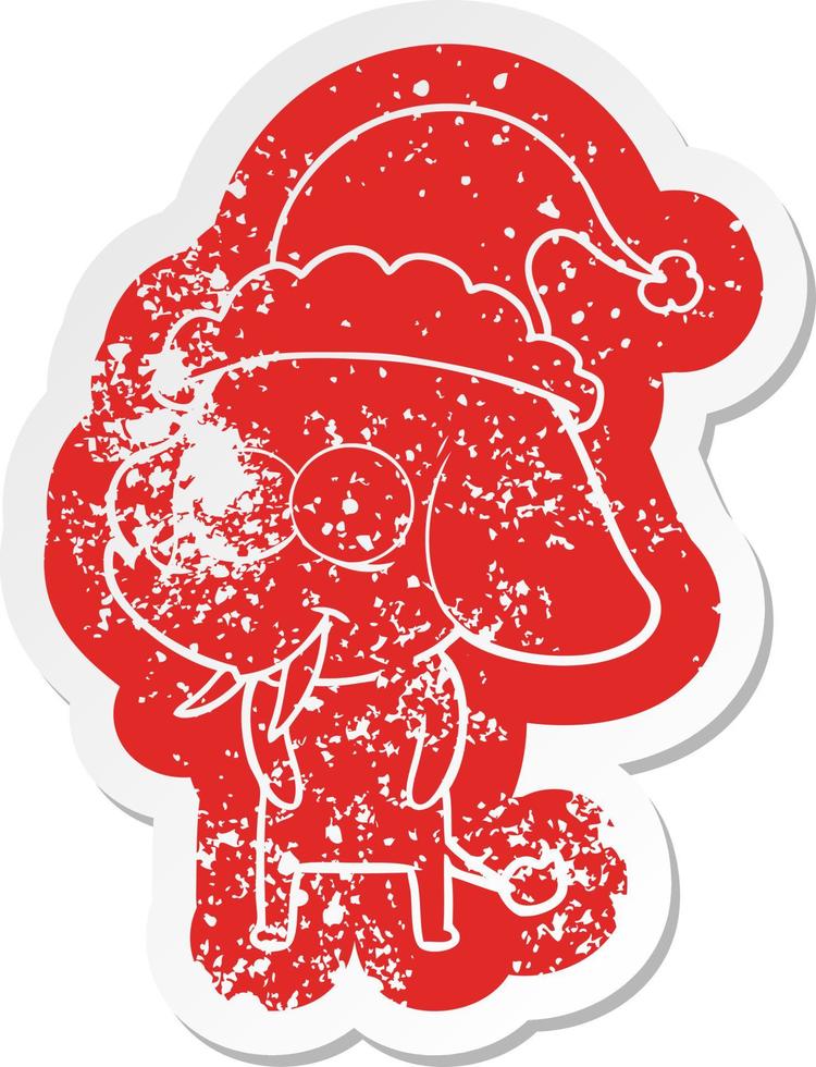 happy cartoon distressed sticker of a elephant wearing santa hat vector