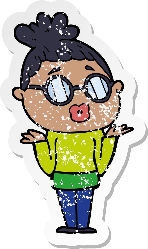 distressed sticker of a cartoon confused woman wearing spectacles vector