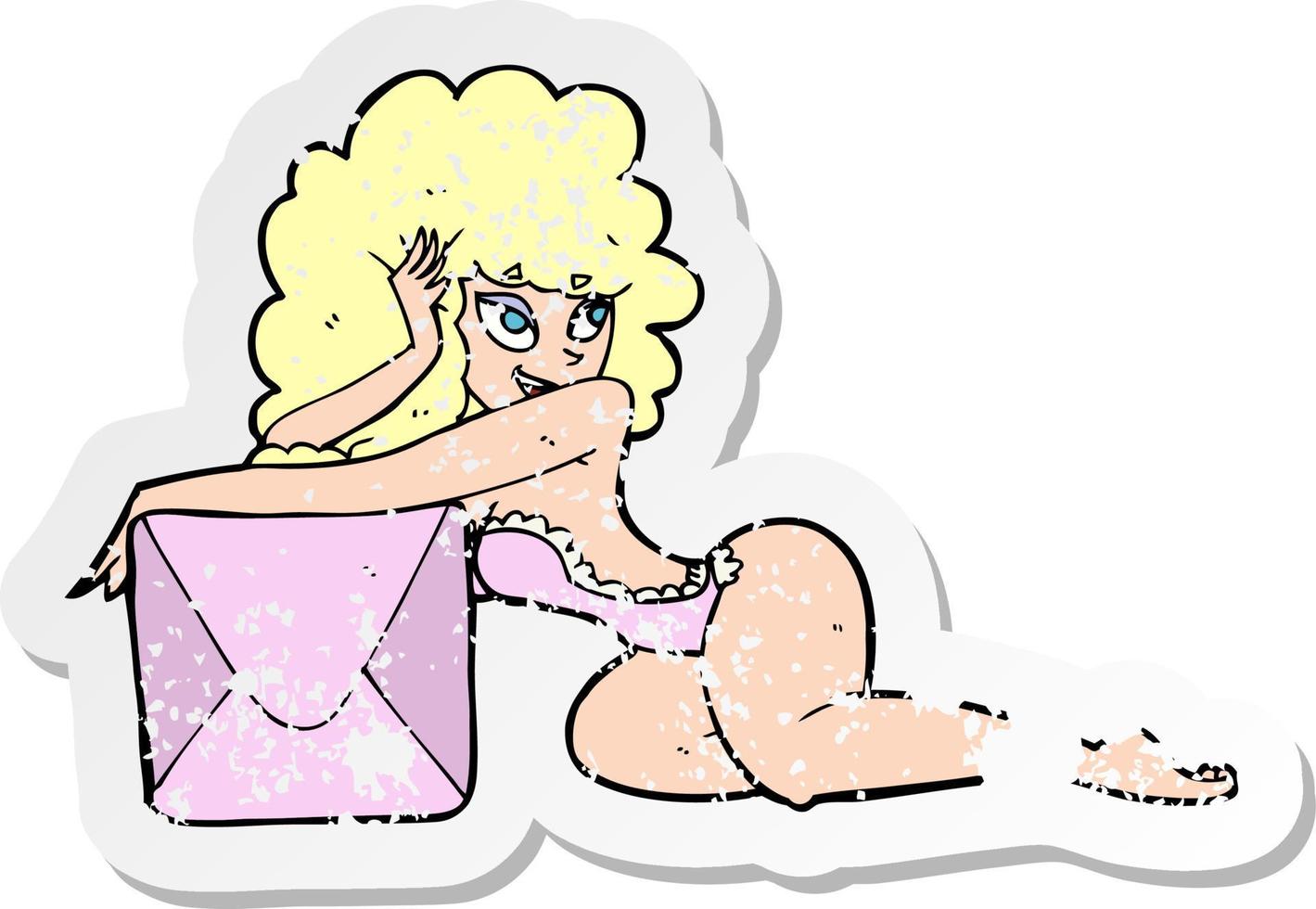 pegatina retro angustiada de una caricatura pin up mujer con caja vector