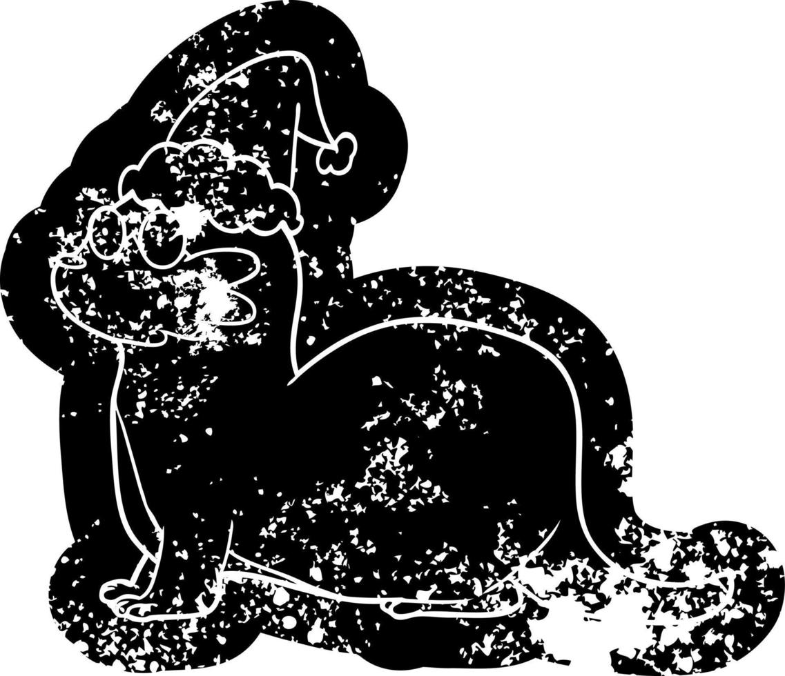 cartoon distressed icon of a otter wearing santa hat vector